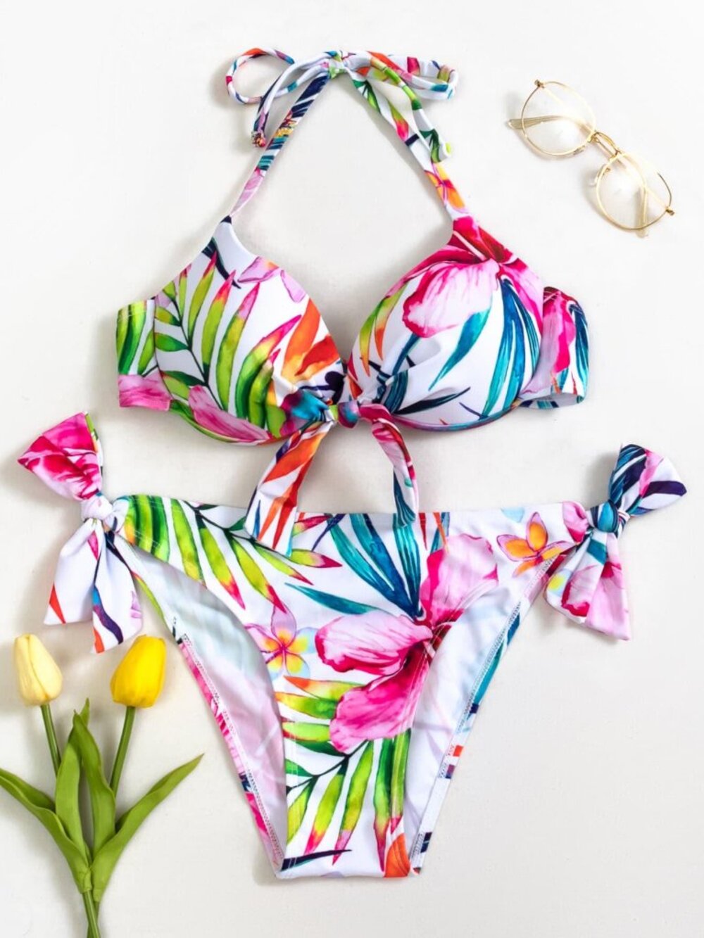 SHEIN White Floral Bikini Top | Tropical Underwire | Small